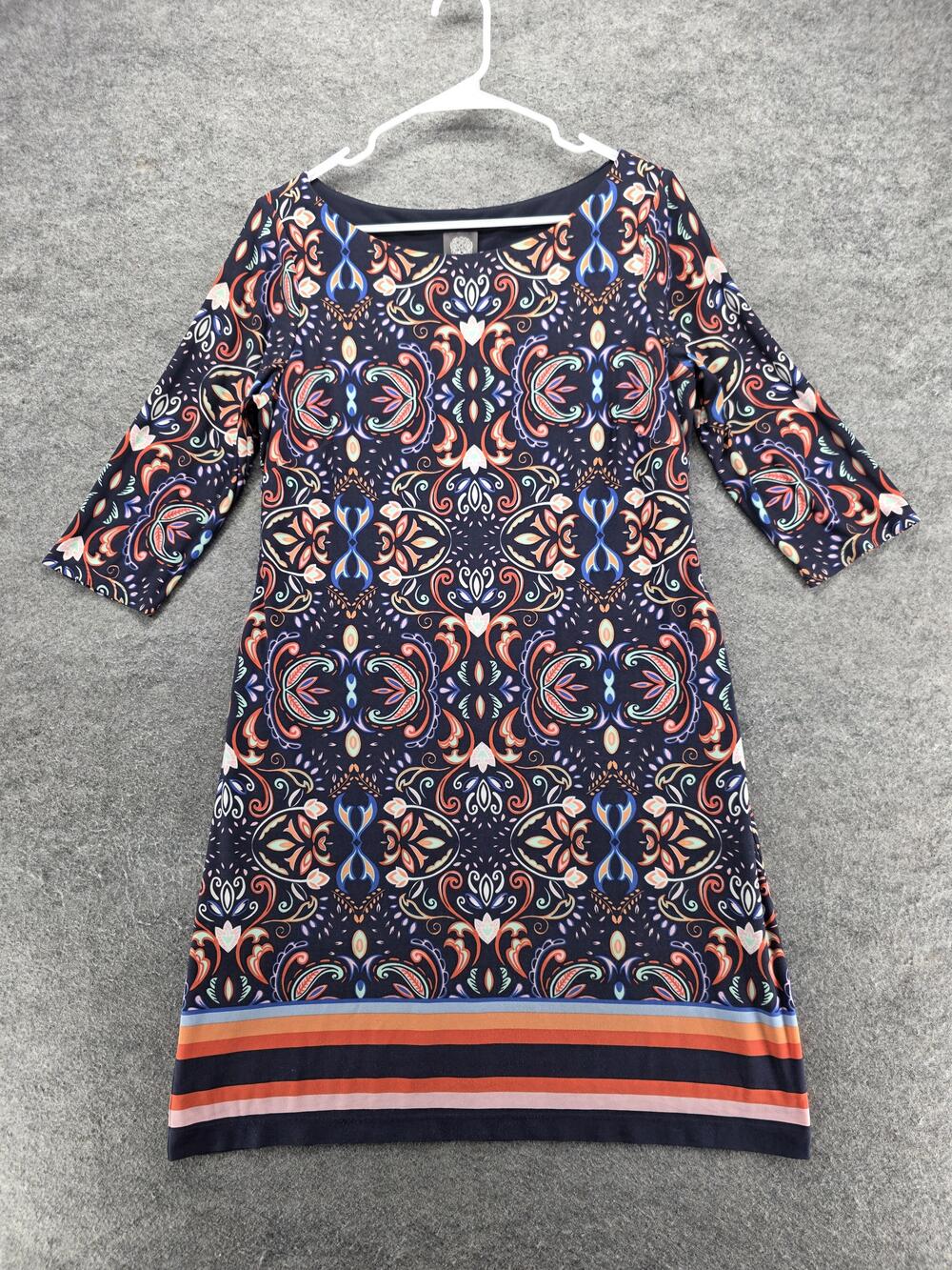 Vince Camuto Dress Womens 10 Blue Floral Shift Knee Length 3/4 Sleeve Boat Neck